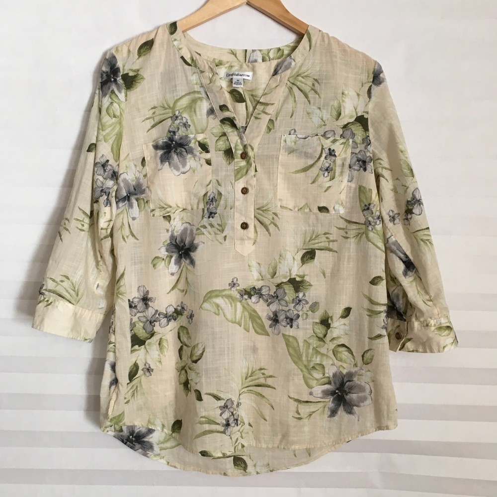 Croft &‎ Barrow Womens Button Down Blouse Top Size M 100% Cotton Tab Sleeve